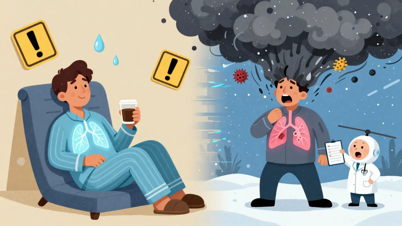 Split scene: one side shows a calm person with healthy lungs, the other shows the same person in a storm of pollution and bacteria during a flare-up.