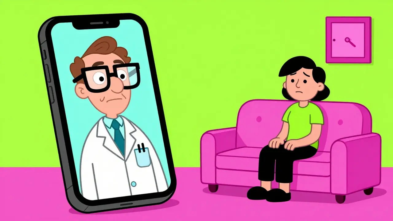 A patient having a telehealth consultation with an eccentric doctor on a smartphone.