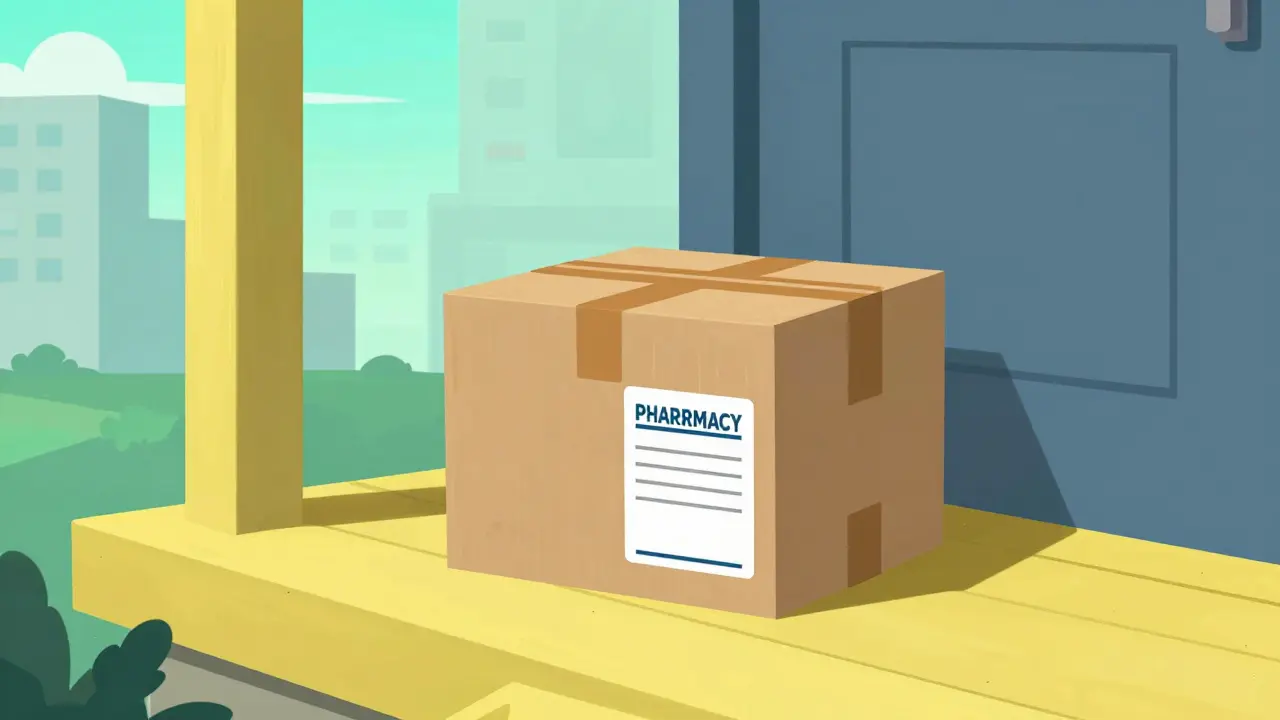 A pharmacy delivery package sitting on a bright yellow doorstep in a surreal city.