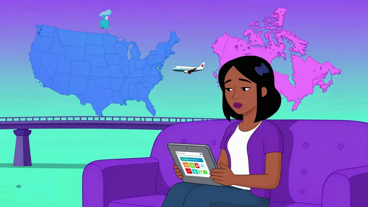 A woman ordering medication online with a surreal map showing shipping between the US and Canada.
