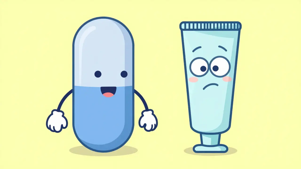 Cartoon depictions of a hormone replacement tablet and cream tube in a flat illustration style.