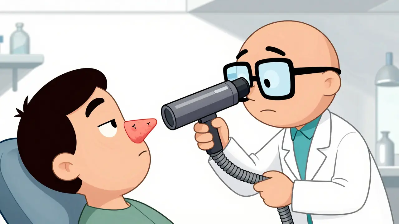 Cartoon showing an ENT doctor using an endoscope to find grumpy nasal polyps