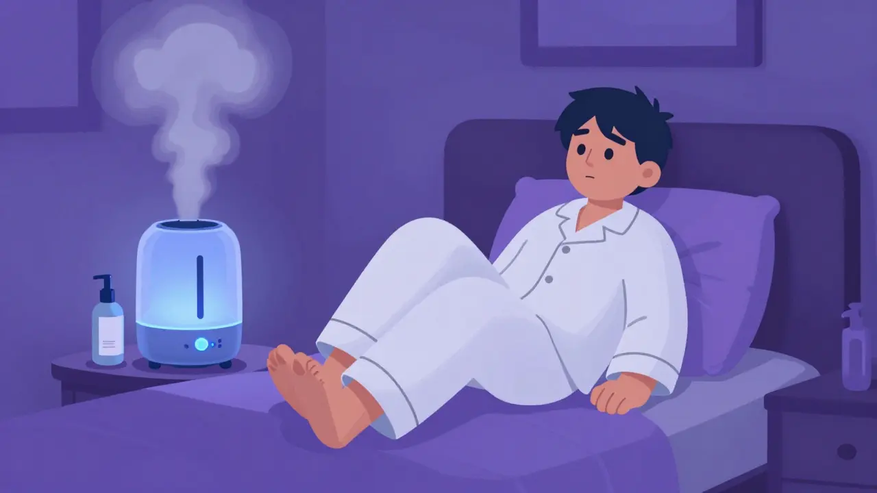 Character in loose cotton clothes in a room with a humidifier for skin health.