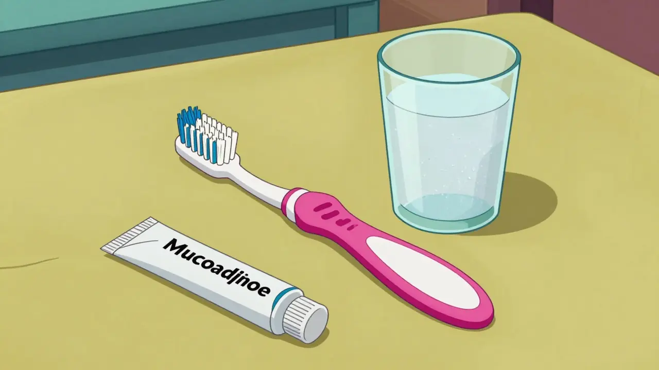 Collection of soft toothbrushes and baking soda rinse for mouth sore relief.