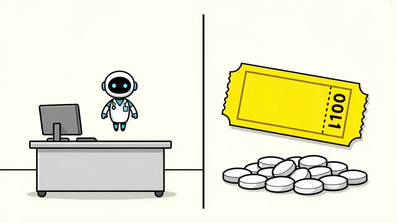 Comparison between a robotic telehealth doctor and a golden discount coupon for medication.