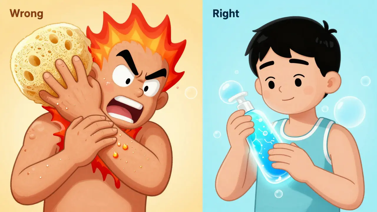 Comparison of harsh scrubbing versus gentle chemical exfoliation on skin.