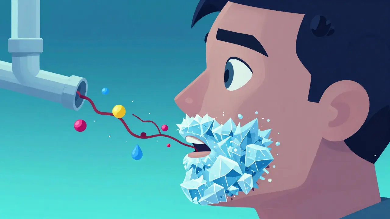 Conceptual image of ice chips cooling the mouth to prevent chemotherapy sores.