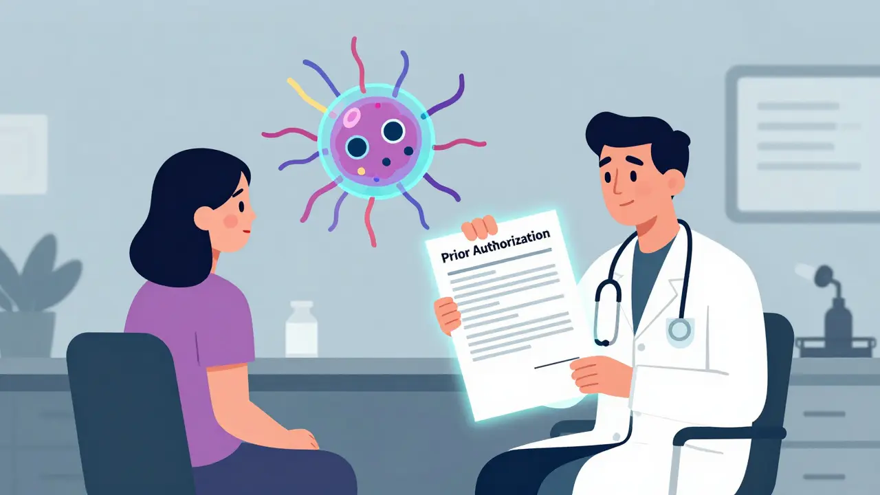 Doctor holding a large authorization document next to a surreal biological cell illustration.
