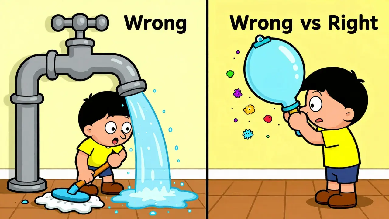 Illustration of a person mopping a floor with a running faucet and using a neti pot