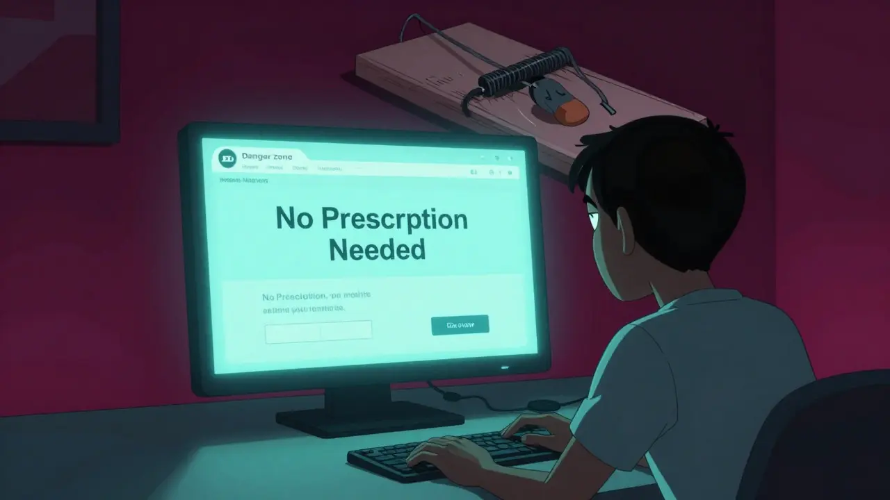 Person looking at a suspicious website depicted as a giant mousetrap in a neon environment.