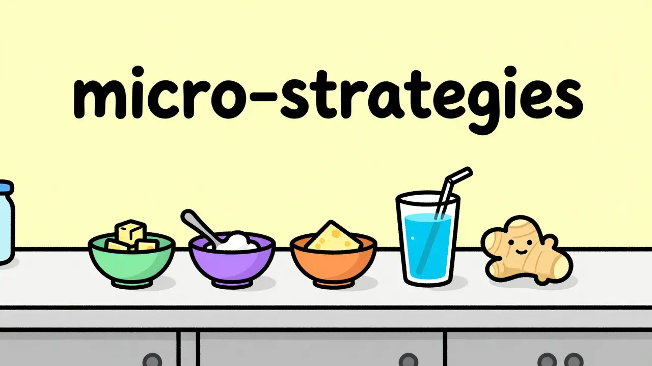 Quirky illustration of small protein snacks, ginger, and an electrolyte drink on a counter.