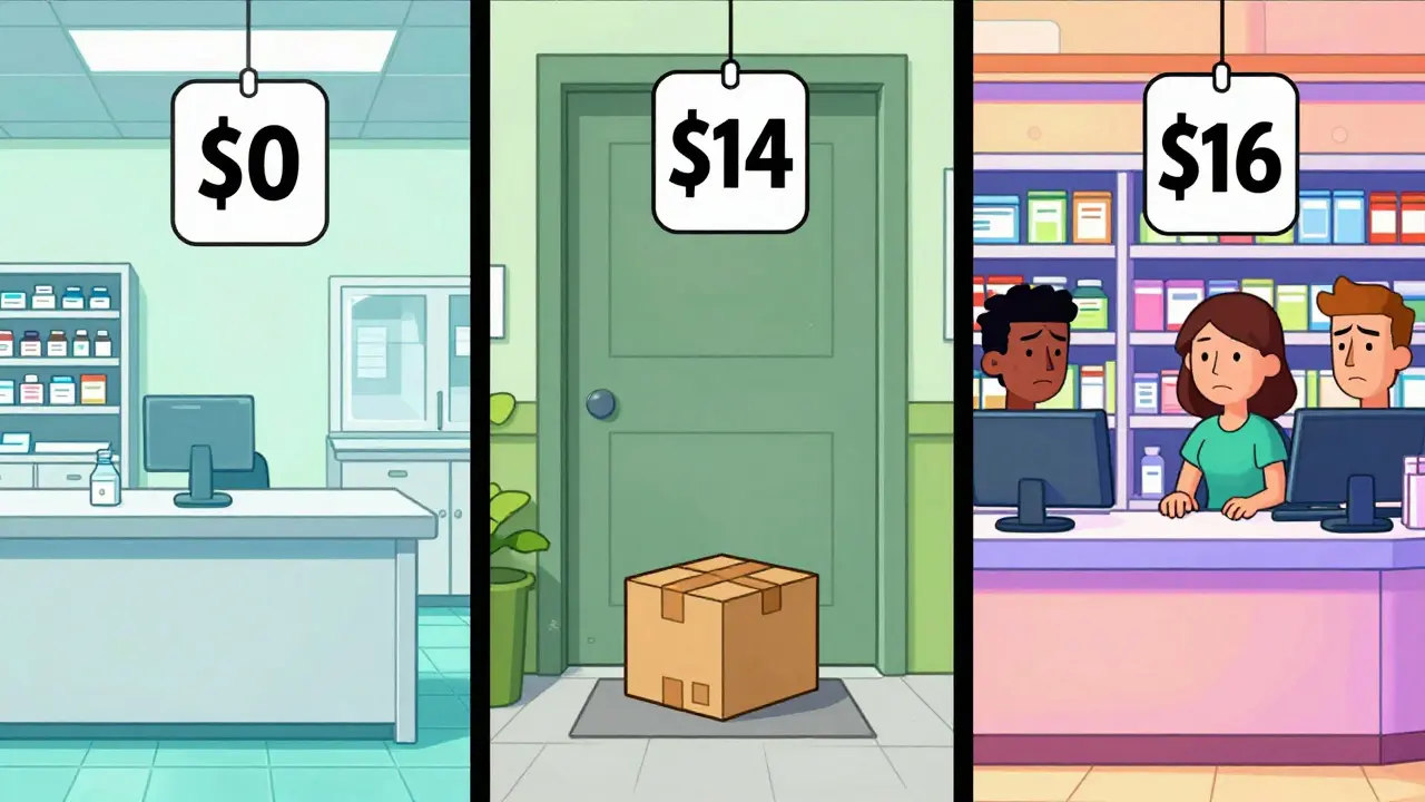Split-screen comparison of military, home delivery, and retail pharmacies with price tags.