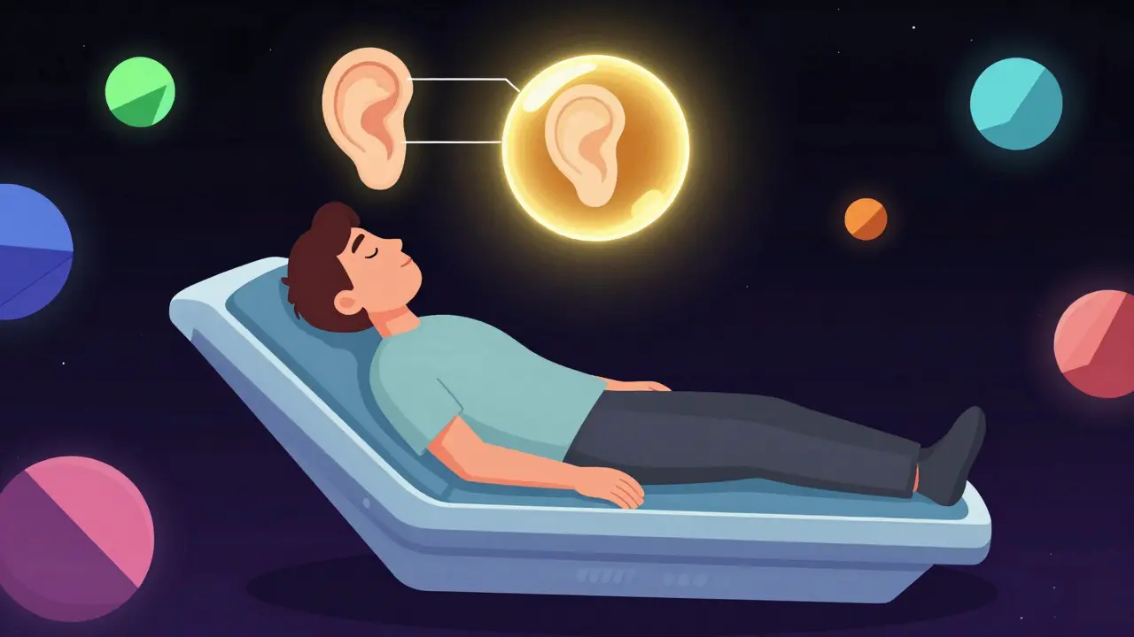 Stylized illustration of a person resting still to reduce nausea with a glowing ear symbol.